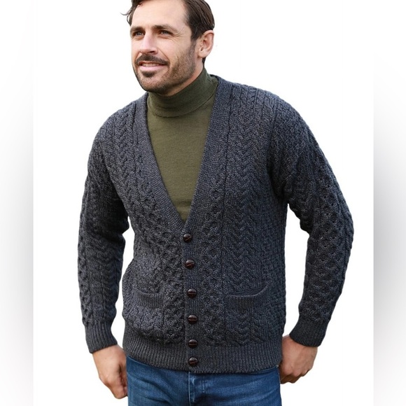 Saol Ireland Charcoal Grey 100% Merino Wool Cable Knit Cardigan Size L - Picture 1 of 7